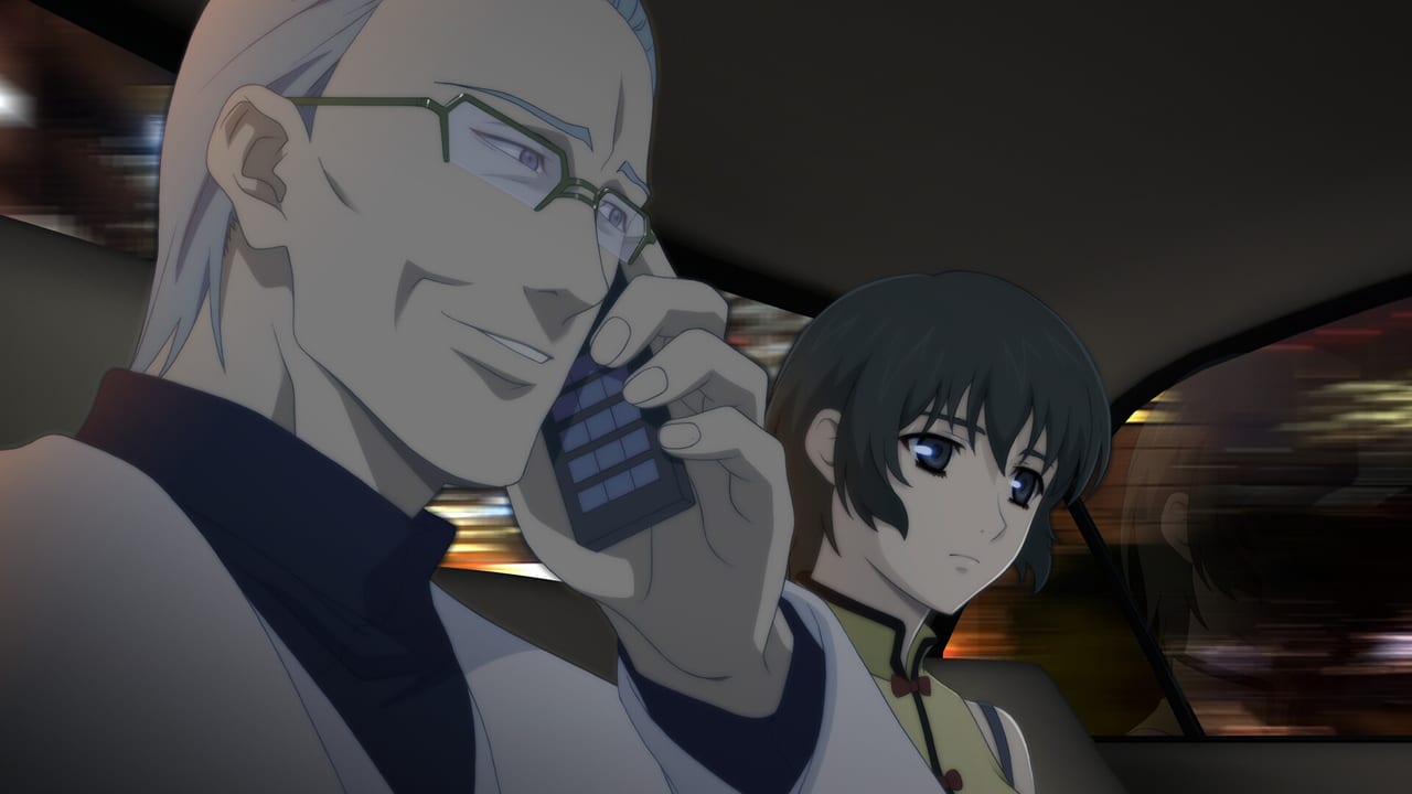 Scythe Master talks on a phone in a moving car while Ein rides in the back seat